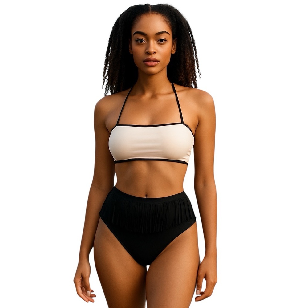 VICTORIA’S SECRET 2 PIECE BIKINI BLACK & WHITE TOP MEDIUM  FRINGE BOTTOMS SMALL